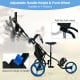 Folding golf push cart with adjustable handle and front wheel, featuring a sturdy steel frame and large storage bag.