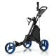 Folding 3 wheels golf push cart in blue with adjustable handle, storage bag, and ball bearing wheels for stability.