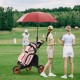 Folding 3 wheels golf push cart in red with bag, featuring adjustable handle and cup holder for easy transport.