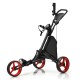 Folding 3-wheeled golf push cart in red with adjustable handle, storage bag, and scoreboard for easy transport.
