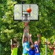 Basketball hoop with 50-inch backboard, adjustable height, and kids playing outdoors for fun and exercise.
