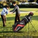 Lightweight golf stand bag in red with 14-way top dividers and 6 pockets, ideal for easy transport on the course.