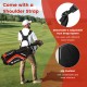 Lightweight golf stand bag in red with adjustable shoulder strap, hip cushion, and multiple storage pockets for.
