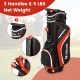 Lightweight golf stand bag in red with 14 way top dividers and 6 pockets, featuring 3 handles for easy portability.