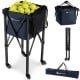 Lightweight foldable tennis ball cart in blue with removable bag, holding 150 balls, featuring wheels for easy.