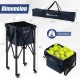 Lightweight foldable tennis ball cart with removable bag, holding 150 balls, featuring wheels for easy transport.