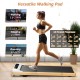 Under desk treadmill showing a woman jogging, featuring a natural rubber wood finish and LED display for home office.