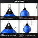 21-inch blue water punching bag with adjustable metal chain, showcasing setup steps for gym or outdoor use.