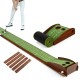 Golf putting mat with auto ball return, wooden track, and two hole sizes for practice and training at home.