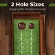 Golf putting mat showing 2 hole sizes (3.1 inch and 2.3 inch) designed for precision training and auto ball return.