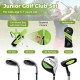 Junior golf club set for kids with rain hood, featuring #3 fairway, #7 and #5 irons, and putter in green stand bag.
