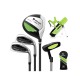Junior complete golf club set in green, featuring a stand bag, #3 fairway, #7 and # irons, and a putter for kids.