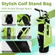 Junior golf stand bag in green with 4-way top organizer, multiple pockets, and adjustable padded straps for kids.