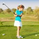 Junior golfer practicing with a blue golf club set, featuring a lightweight stand bag and adjustable straps for comfort.