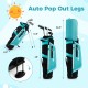 Junior complete golf club set for kids with auto pop out legs, rain hood, and adjustable padded straps in blue.
