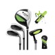 Junior complete golf club set for kids aged 8-10, featuring a driver, irons, putter, and a lightweight stand bag in.