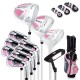 Women's complete golf club set in pink, featuring driver, irons, putter, and a rain hood for protection on the course.