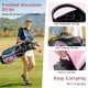Women's golf club set in pink with padded shoulder strap, top handle, and multiple pockets for easy carrying on the.