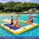 Inflatable dock platform measuring 8 ft x 8 ft, holding up to 3 people, perfect for sunbathing and water fun.