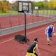 Basketball hoop sandbag with adjustable buckles, holds up to 300 lbs, designed for indoor and outdoor use.