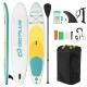 Inflatable 11-foot stand-up paddle board with a non-slip deck, center fin, and dual action pump for easy use.
