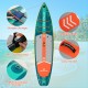 Inflatable stand-up paddle board with kayak seat, anti-slip deck pad, and bungee storage for versatile water activities.