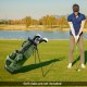 Lightweight green golf stand bag showcasing a press-to-stand base and non-slip foot pads for enhanced stability on the.