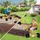 Kids using a yellow sand digger toy with 2-handed controls and flexible shovel for outdoor play in a sandbox.