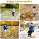 Yellow sandbox toy digger with adjustable arms and flexible shovel, perfect for year-round outdoor fun for kids.