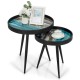 Set of 2 nesting end tables with wooden tray tops and black steel legs, perfect for modern living spaces.