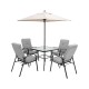 Patio dining set featuring a tempered glass table, four stackable cushioned chairs, and a large umbrella for outdoor.