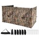 See-through hunting blind panel with camouflage pattern, adjustable windows, and dog doors for 1-3 people.