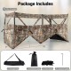 See-through hunting blind panel with camouflage pattern, includes dog doors, adjustable windows, and storage bag for.