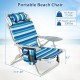 Folding beach chair with adjustable backrest, aluminum frame, and side pockets, perfect for outdoor relaxation.