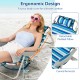 Folding beach chair with adjustable backrest, padded pillow, and curved armrests for ultimate comfort and relaxation.