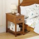 Contemporary side end table in natural wood with drawer and shelf, perfect for bedroom or living room storage.