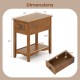 Dimensions of the contemporary side end table with drawer, featuring a natural finish and compact design for small.