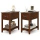 Set of 2 walnut side end tables with drawer and shelf, perfect for compact spaces in living room or bedroom.