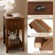 Contemporary walnut side end table with drawer, metal handle, and bottom shelf for compact storage in any room.