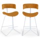 Set of 2 armless counter height stools with orange corduroy seats and stable metal bases for 34"-36" counters.