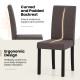 Mid-century modern dining chair with curved padded backrest, brown faux linen fabric, for comfortable dining.