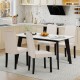 Mid-century modern dining chairs in beige fabric, featuring rubber wood frames and thick cushions for comfort and style.