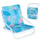 Folding beach chair set features a vibrant tropical design, sponge padded seat, and convenient storage pocket for essentials.