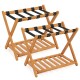 Set of 2 folding luggage racks made of acacia wood with nylon straps and slatted storage shelf for organized use.