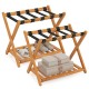 Set of 2 folding luggage racks with solid acacia wood frame, 5 nylon straps, and slatted storage shelf for organized.