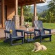 Two HDPE Adirondack chairs with cup holders feature a wood-like texture, perfect for outdoor relaxation by the fire pit.