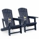 Two HDPE Adirondack chairs with a wood-like texture, cup holders, and wide seats for outdoor relaxation by the fire pit.