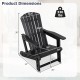 Black HDPE Adirondack chair with cup holder, featuring wood-like texture and dimensions for outdoor relaxation.