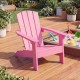 Pink kid's Adirondack chair with high backrest and armrests, designed for ages 3-8, perfect for indoor or outdoor use.