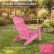 Kid's Adirondack chair in pink with high backrest, wide armrests, and sturdy construction for outdoor and indoor use.